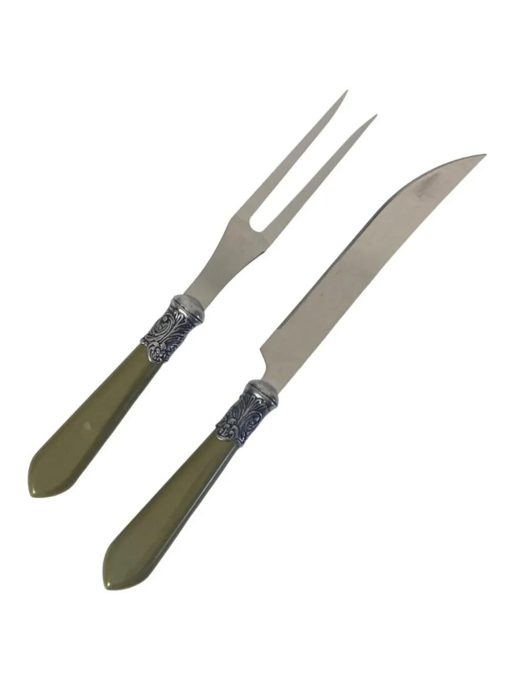 Vintage Le Baroque Carving Knife & Fork Set Green Handles Stainless Steel